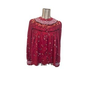 Free People Paloma Printed Blouse Top Size XS Berry Combo Floral Pre-Owned